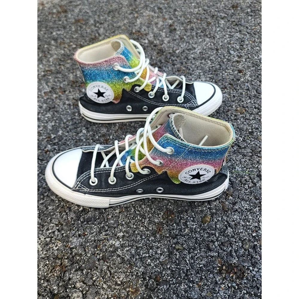 Converse Chuck Taylor Glitter Drip High Top Sneakers Black Rainbow Youth Size 1